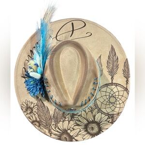 Chic Tan and Blue Women's Hat with Feather Detail